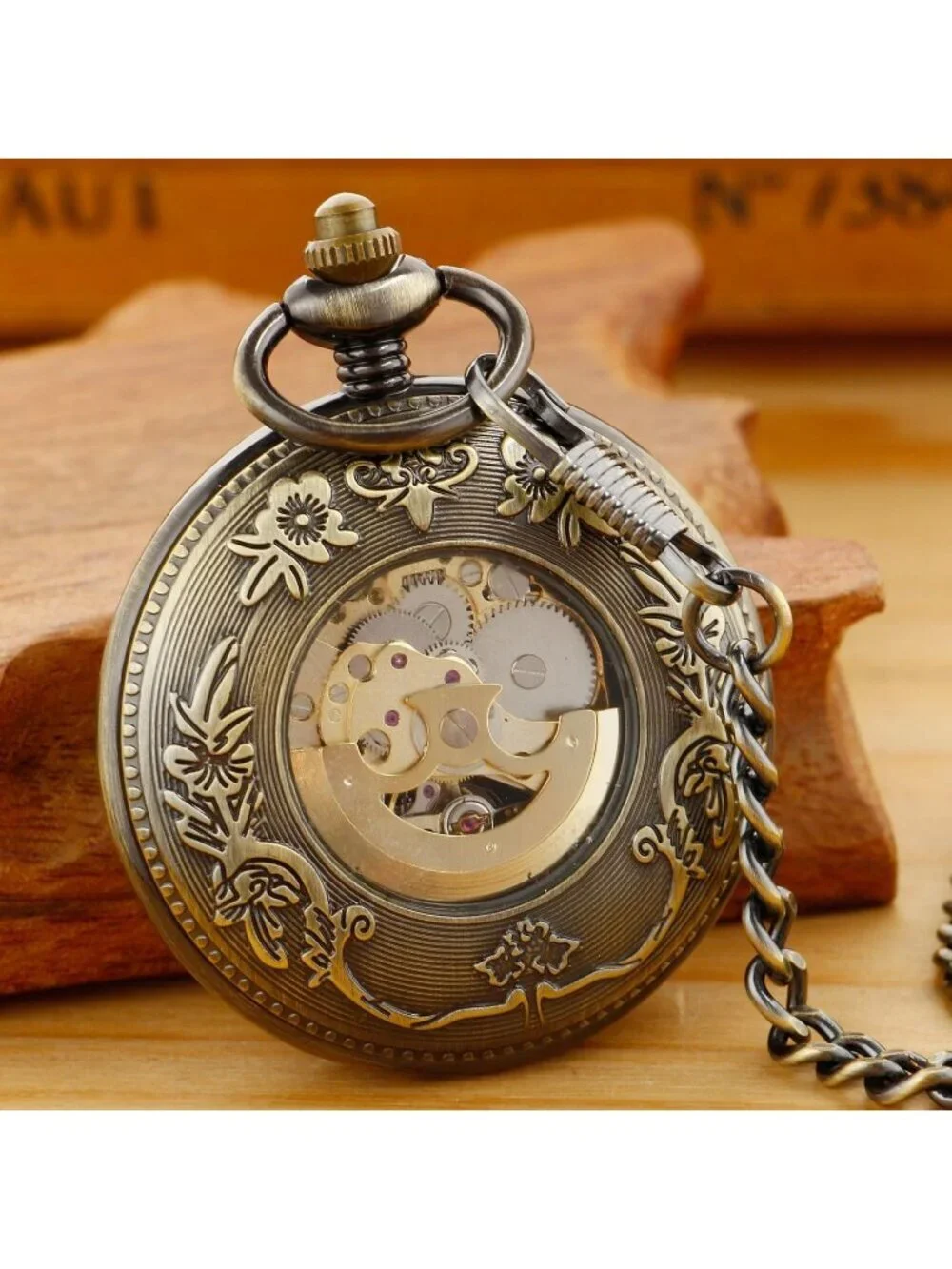 Men's Gold Bronze Bird Skeleton Roman Numerals Hollow Mechanical Pocket Watch